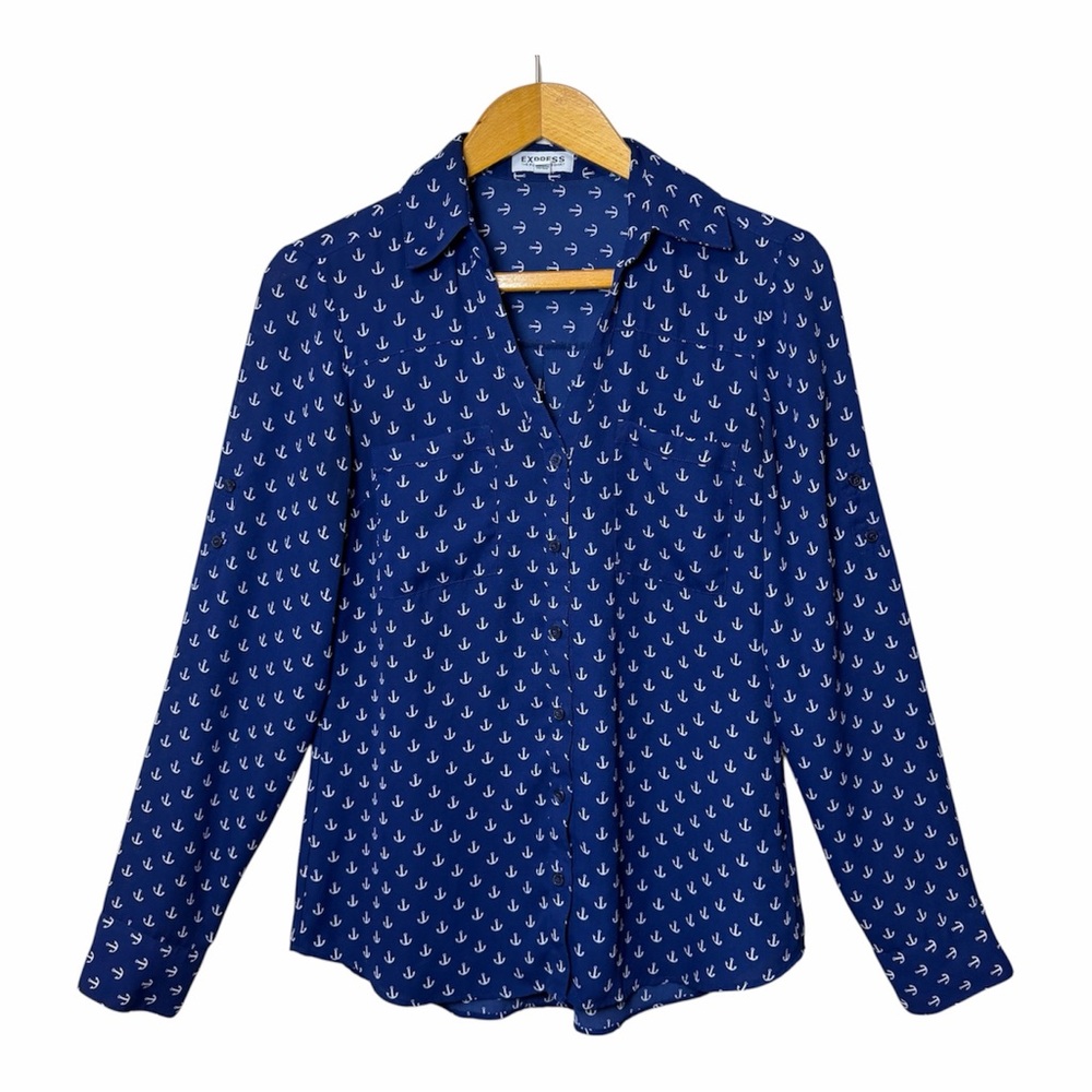 Nautical Anchor Print Blouse S Express Long Sleeve Button Down Navy Coastal Blue